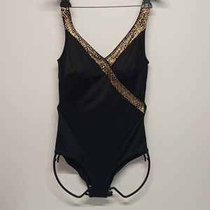 Roxanne Bra Sized bathing suit One Piece Surplice Black Gold Sz 12 36C Cup New